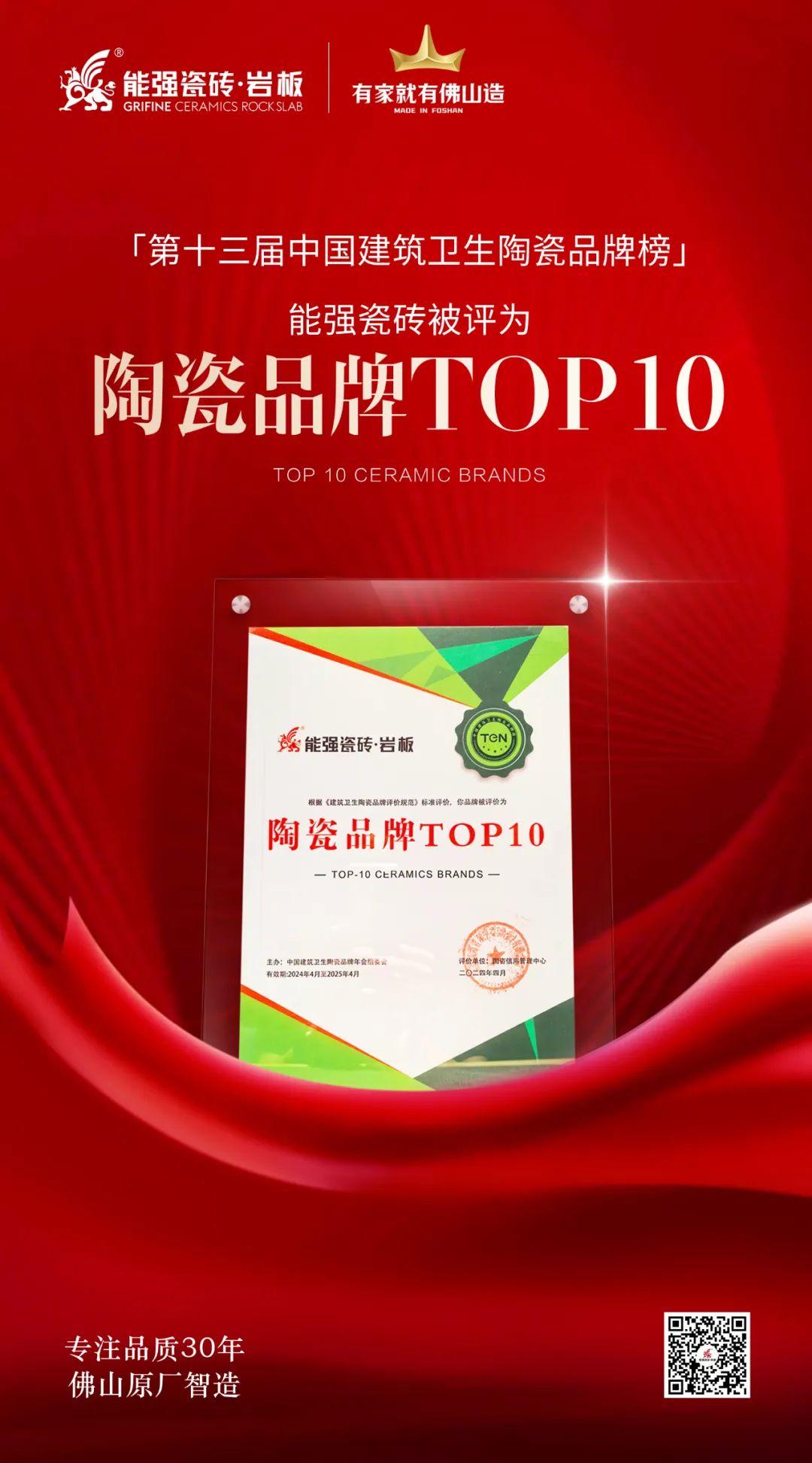 匠心榮耀丨能強瓷磚斬獲“陶瓷品牌TOP10”殊榮！